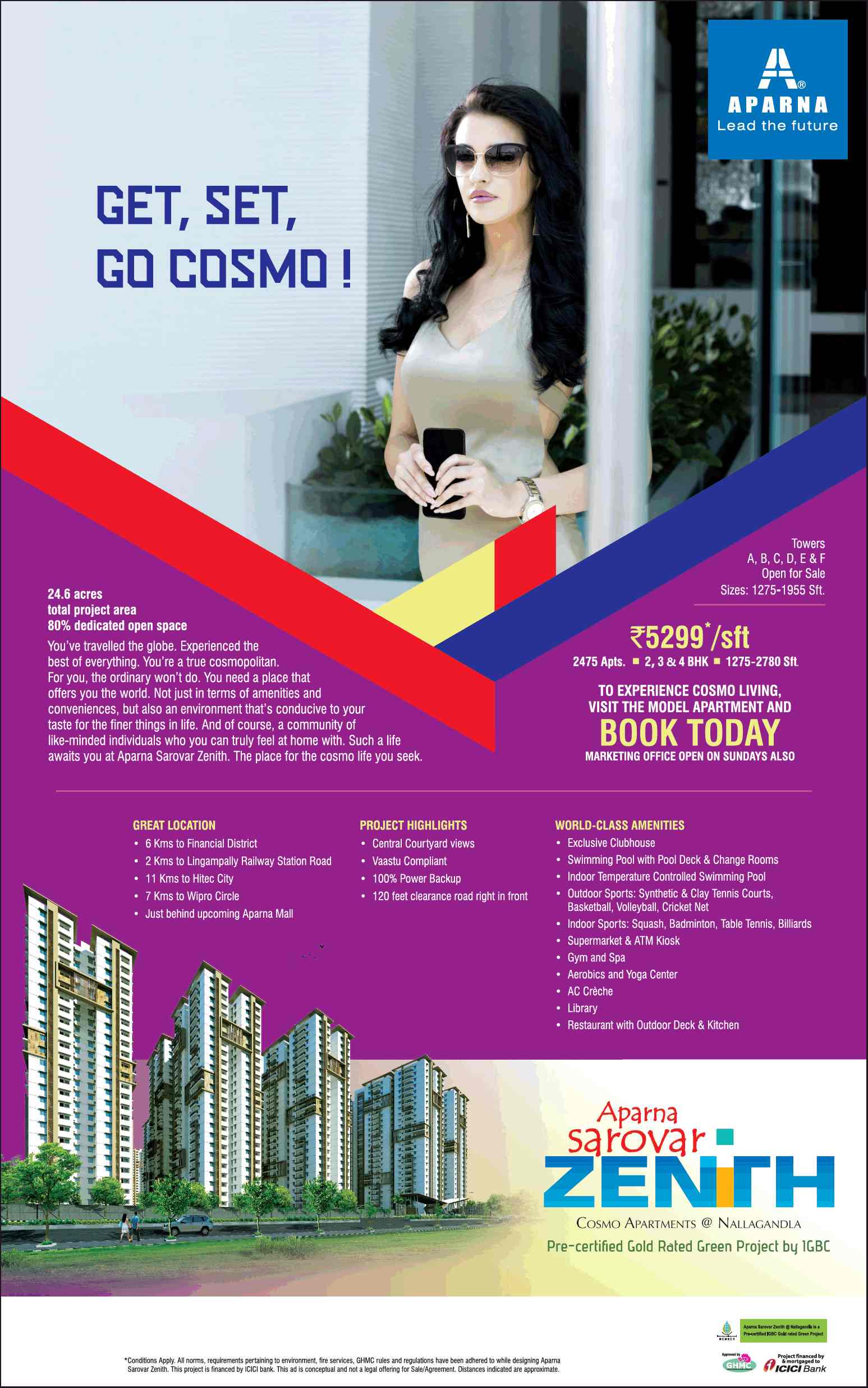 Book your home @ Rs 5299 per sqft at Aparna Sarovar Zenith in Hyderabad